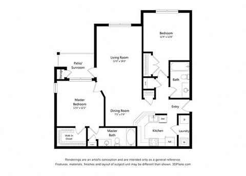 Floor plan for 2 beds, 2 baths, 1163 sqft